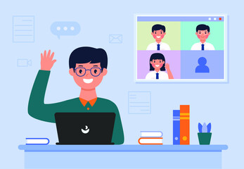 Illustration of online school teacher and students in video conference on screen vector design