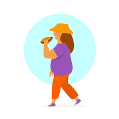 overweight young woman walking eating fast food on the way isolated vector graphic
