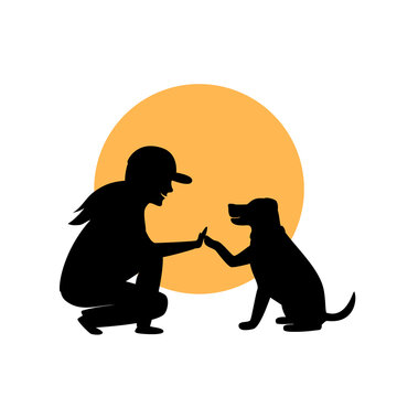 woman and dog greeting silhouette graphic