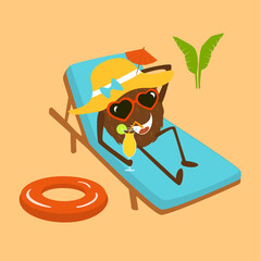 funny cartoon coconut  relaxing on sun chair on the beach