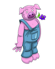 cochon en bleu de travail et à la fleur aux dents
