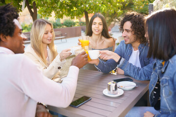 Multi-ethnic group of friends toasting with their drinks while having a drink together.