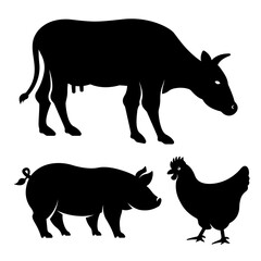 Silhouettes of animals, set of vector black objects - cow, pig, chicken isolated on white background
