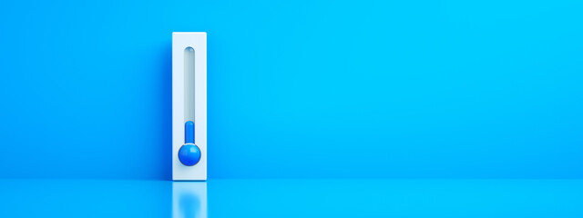 celsius and fahrenheit thermometer on blue background with low temperature, 3d rendering, concept of cold winter, panoramic layout - obrazy, fototapety, plakaty