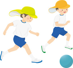 Two kindergarten children playing soccer