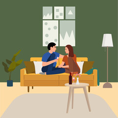 Romantic dinner at home. Flat vector illustration.
