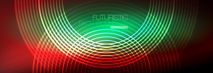 Dark abstract background with glowing neon circles. Trendy layout template for business or technology presentation, internet poster or web brochure cover, wallpaper