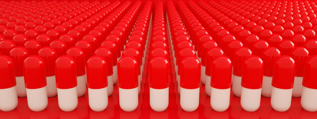 Row of pills over red background, health care concept, 3d rendering, panoramic image