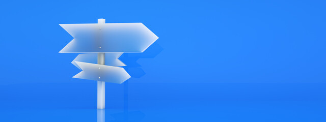 traffic sign direction over blue background, 3d rendering, panoramic layouttraffic sign direction over blue background, 3d rendering, panoramic layout