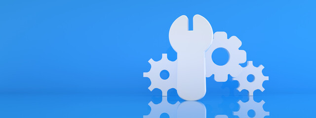 Wrench and gear icon over blue background, 3d render, service, setting and  repair concept, panoramic mock-up