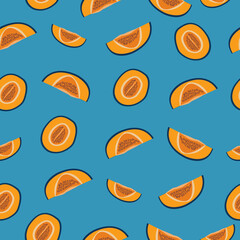 Seamless pattern of ripe melons on a blue background. Colorful vector illustration. Perfect as a diary cover, phone cover, laptop cover or print for a summer top