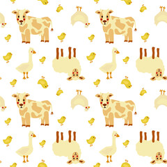 Beige farm animals on white backdrop. Seamless background pattern with lamb, calf, chicken and chick. Cute domestic animals and birds. Great for package, fabric, diaper.