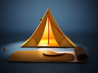 Camping tent and sleeping bag standing on dark blue background. 3D illustration © Destina