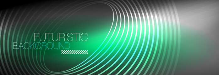 Dark abstract background with glowing neon circles. Trendy layout template for business or technology presentation, internet poster or web brochure cover, wallpaper