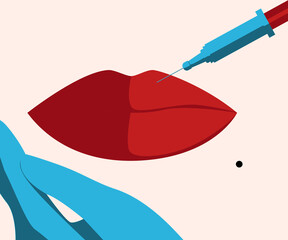 Lip injections for rejuvenation and beauty. Beautiful red female lips close up. Hand-drawn illustration