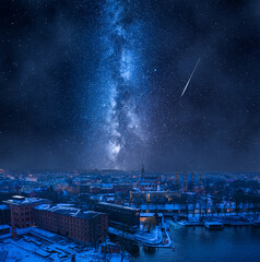 Milky way over Opera in Bydgoszcz in winter, Poland.