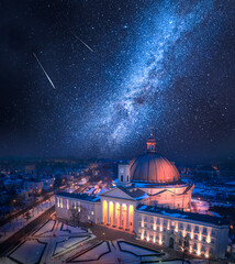 Falling stars over Catholic Roman Basilica in Bydgoszcz.
