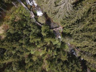 aerial shot of a waterfall in the mountains