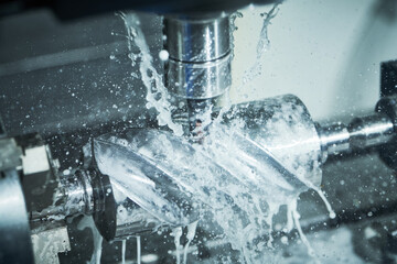 Milling process. Industrial CNC metal machining by vertical mill. Coolant - obrazy, fototapety, plakaty