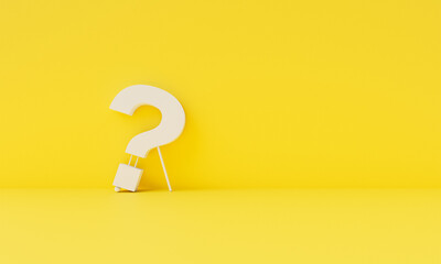 Minimalistic creative idea. White question mark on yellow background with empty copy space on right side. 3D Rendering.