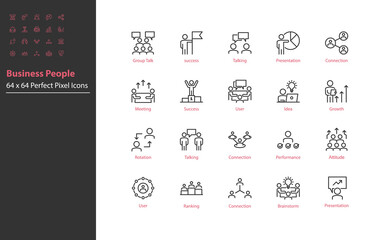 set of business people thin line icons, meeting, team, mangement, human resource