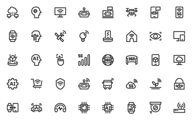 set of technology line icons, iot, ai, robot