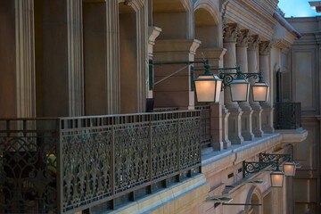 European-style building balconies and street lights