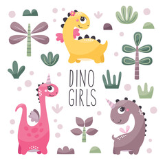 Cute Vector Set with Dinosaur Girls with plants, trees, bushes, stones in trendy colors