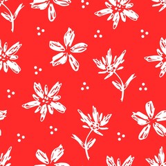 Simple hand-drawn floral vector seamless pattern. White flowers on a bright red background. For fabric prints, textile products, home decor, apparel, stationery.