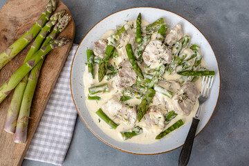 Pork tenderloin with asparagus in a cream sauce