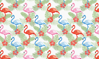 Flamingo Bird With Tropical Leaves Vector Seamless Repeating Pattern. Trendy textile print, fabric, giftwrap or packaging, wallpaper, background. Surface pattern design.