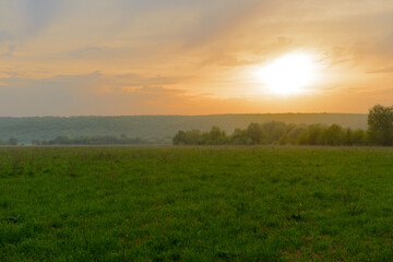 Obraz premium Summer landscape with sunrise over a green field