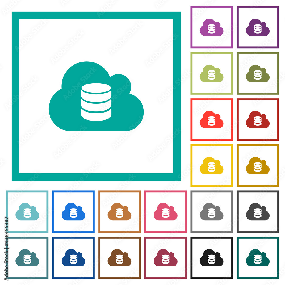 Sticker cloud database flat color icons with quadrant frames