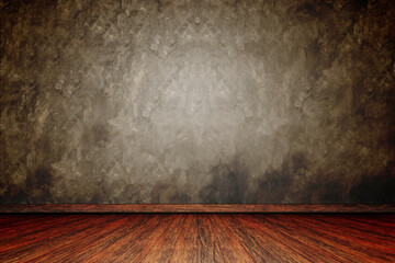 Concrete wall and brown wooden floor background for product display or mock up for show room backdrop.