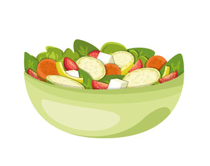 Salad of fresh vegetables, a plate with zucchini, carrot, spinach, herbs, tomatoes and feta, a bright realistic vector illustration of a homemade salad