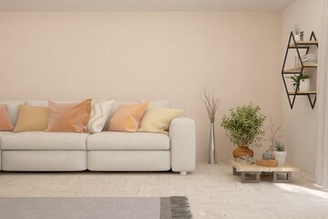 Soft color living room with sofa. Scandinavian interior design. 3D illustration