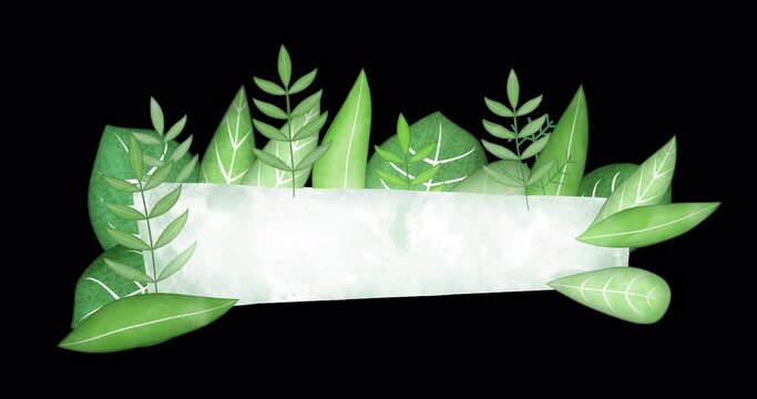 Stylized lower third made of animated leaves. An endlessly looped vegetable underlay with a blank space for text or information. Floral text plate with transparent background.