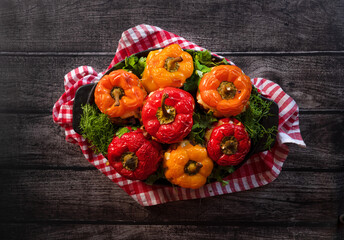 Stuffed pepper minced meat with vegetables and tomato sauce. Top view