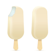 Whole and bitten ice cream Eskimo vector illustration. Popsicles covered with white chocolate with wooden stick isolated on white background