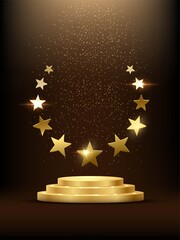 Golden podium with stars glowing. Gold stage with glitter and light smoke on dark background. Hollywood fame in film and cinema or championship in sport vector illustration