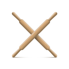 Wooden crossed rolling pins isolted on white background. Vector realistic wood kitchen utensils design element.