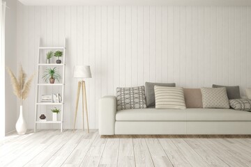 White living room with sofa. Scandinavian interior design. 3D illustration