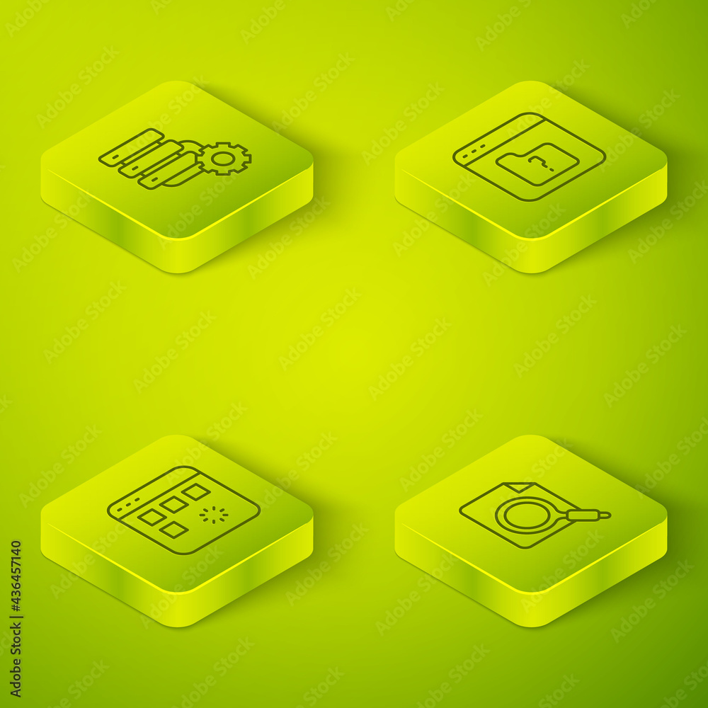 Poster set isometric line file missing, loading data window, search concept with folder and server and gear