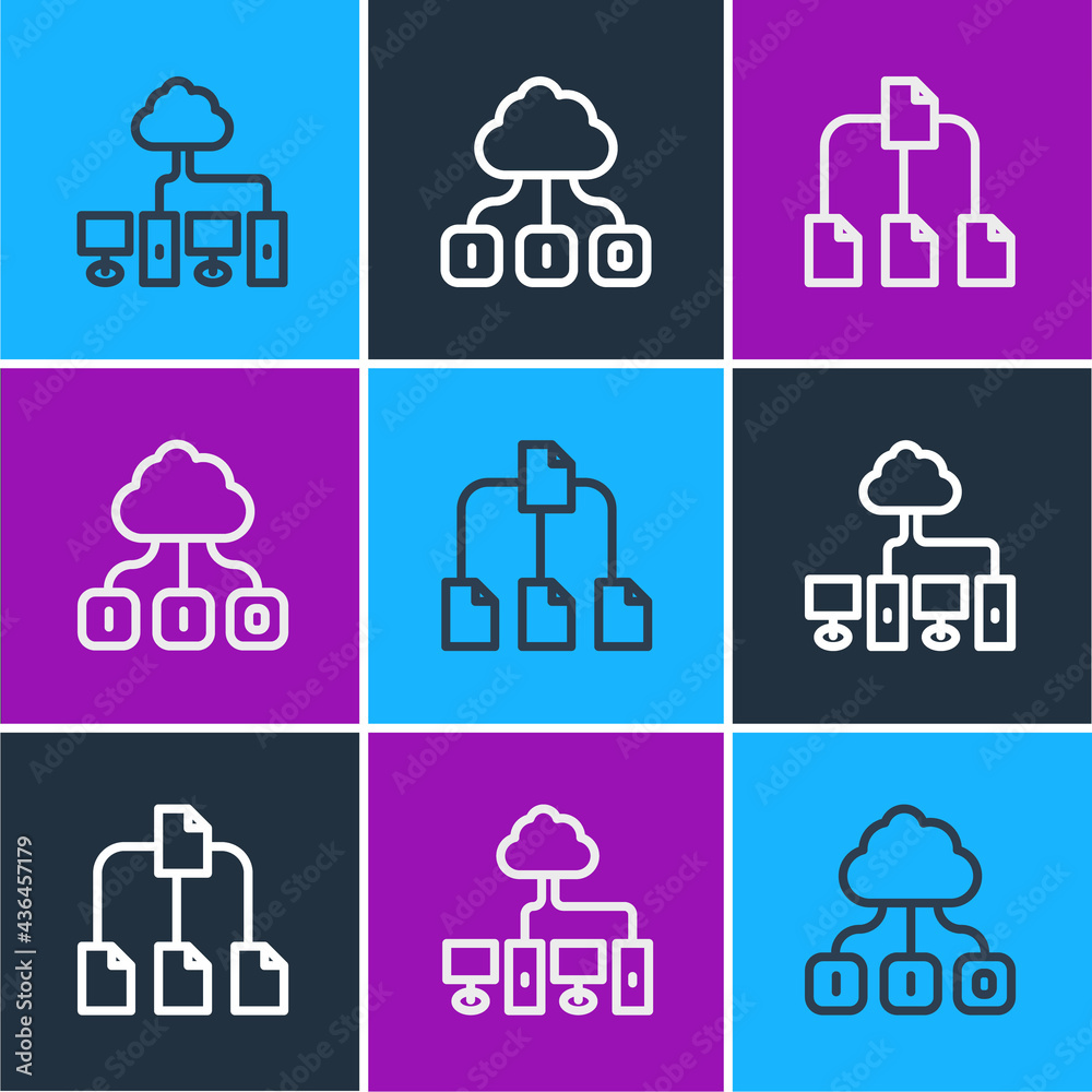 Poster set line computer network, folder tree and cloud technology data transfer icon. vector
