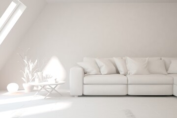 White minimalist living room with sofa. Scandinavian interior design. 3D illustration