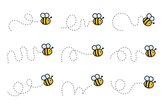 Bee Flying Path. A Bee Flying In A Dotted Line The Flight Path Of A Bee To Honey.