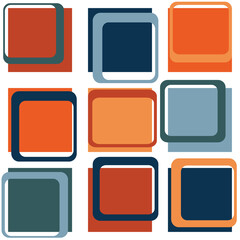 Seamless geometric Mid Century inspirational pattern with colorful (orange, navy blue, light blue, red, turquoise) squares decoration on white background