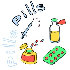 Set of pills and medicines on a white background