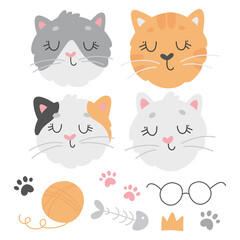 Vector collection with different cute cats, footprints, glasses, crown, fish bone, clew