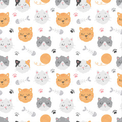 Vector seamless pattern with cute cats, clew, footprints and fish bones